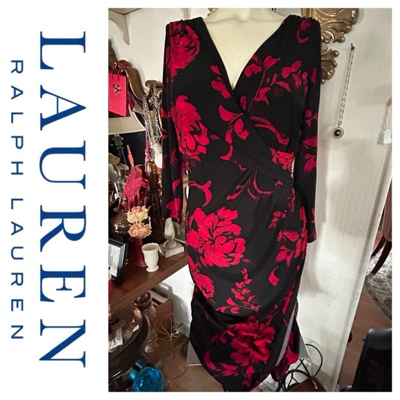 Lauren Ralph Lauren Dresses & Skirts - Lauren Ralph Lauren Faux Wrap Black & Red Floral Print Dress